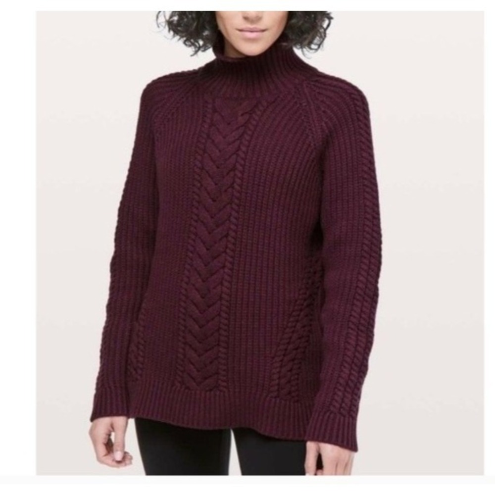 Lululemon Sweater  Size 6 Burgundy  Fisherman Mocneck Merino Wool  Chunky Knit‎